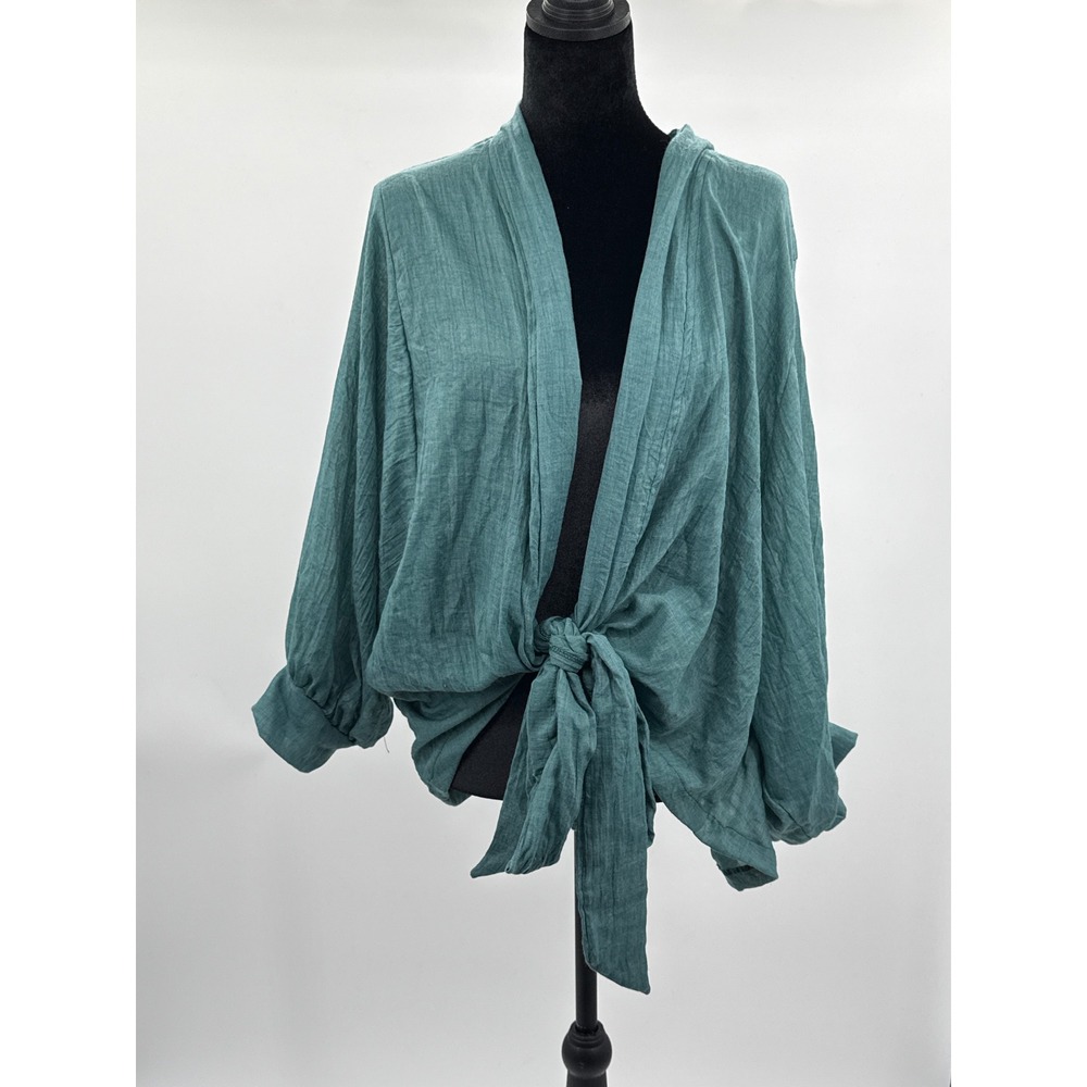 Jupee Teal Textured Gauze Tie Front Kimono Top Balloon Sleeve Made in USA M